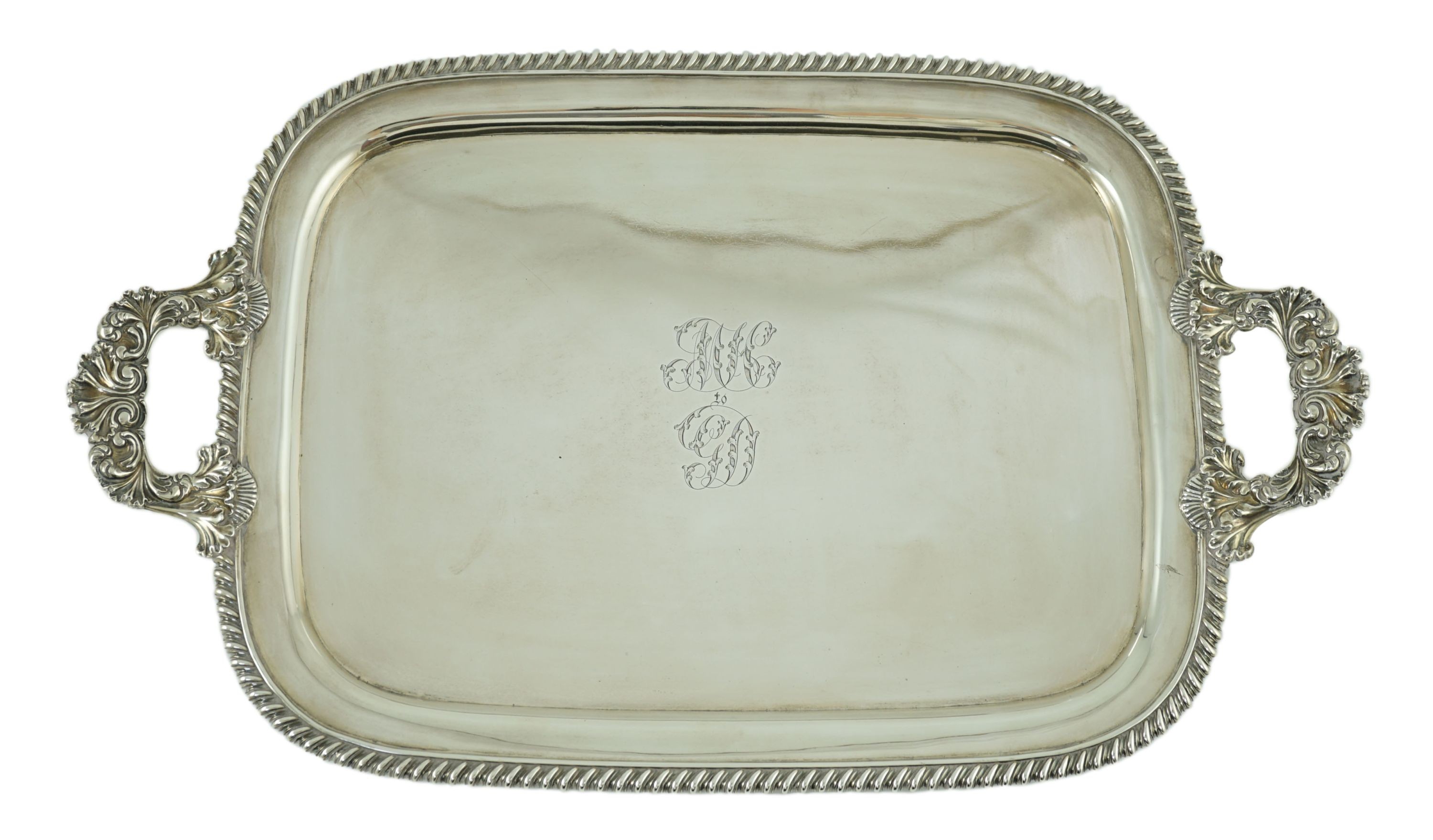A George IV silver two-handled rounded rectangular tea tray, by The Barnards
